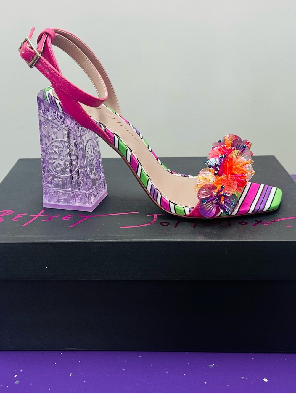 Betsey Johnson Pink & Purple Crystal Block Heel Floral Sandal